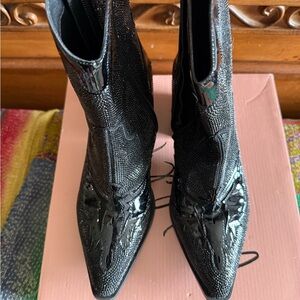 Wild Pair Black Pointed Toe Patent & Textured Ankle Boots